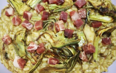 Arroz de alcachofas con jamón y setas en olla exprés